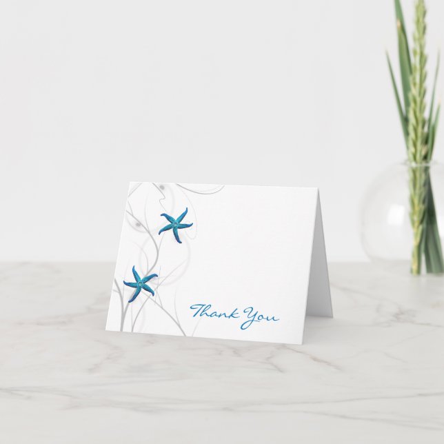Blue Starfish and Silver Coral Thank You Card (Front)