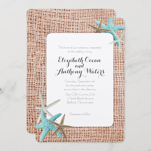 Blue Starfish Beach Burlap Wedding Invitations (Front/Back)