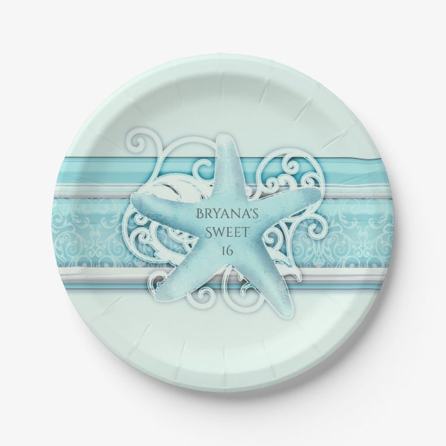 Blue Starfish Beach Elegant Wedding Party Paper Plates (Front)
