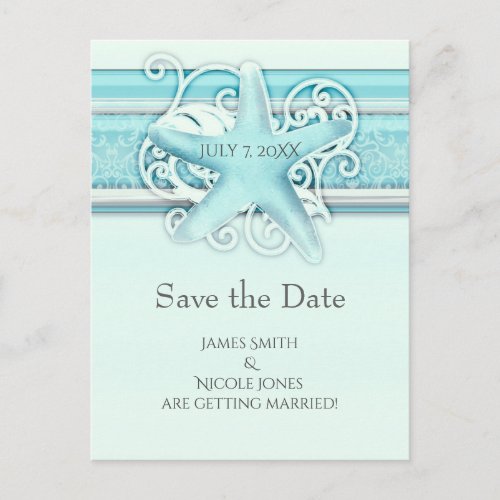 Blue Starfish Beach  Elegant Wedding Save the Date Announcement Postcard