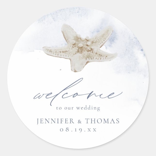 Blue Starfish Beach Themed Wedding Favor Classic Round Sticker (Front)