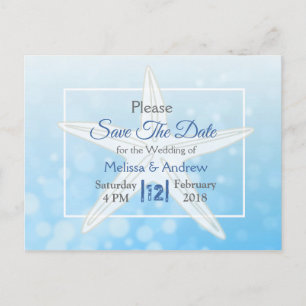 Blue Starfish Beach Themed Wedding Save the Date Announcement Postcard