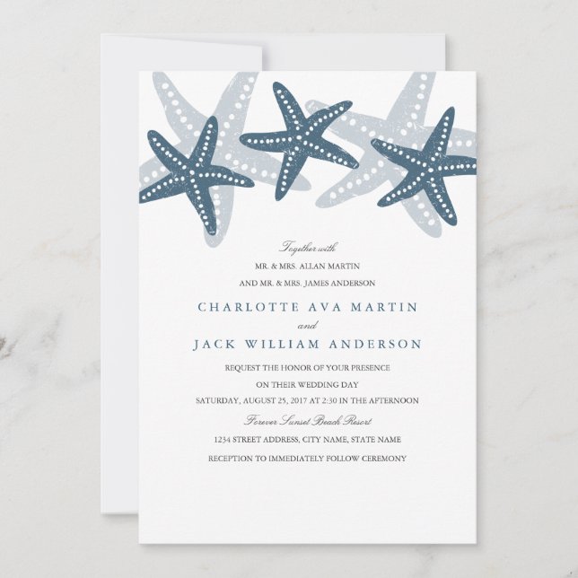 Blue Starfish Beach Wedding Invitation (Front)