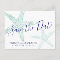 Blue Starfish Beach Wedding Save the Date Postcard