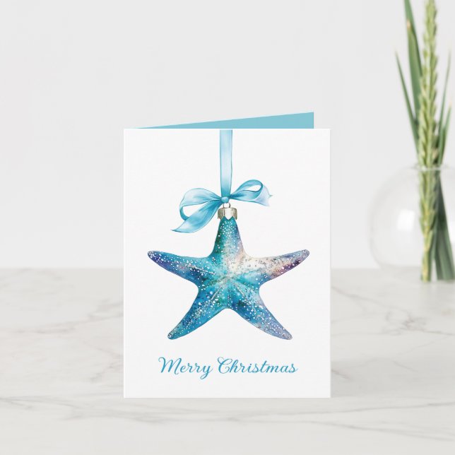 Blue Starfish Christmas Ornament Personalized Note Card (Front)