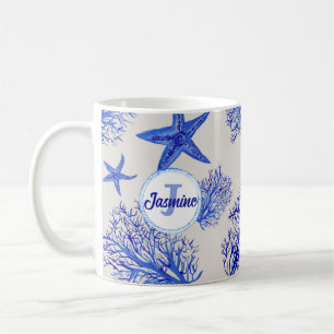 Blue starfish-coral-custom monogram-name coffee mug