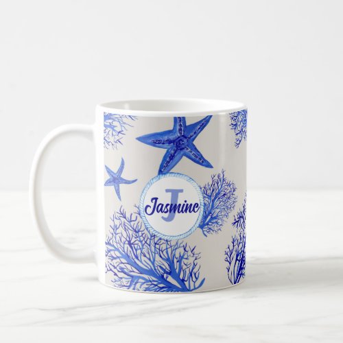 Blue starfish_coral_custom monogram_name coffee mug