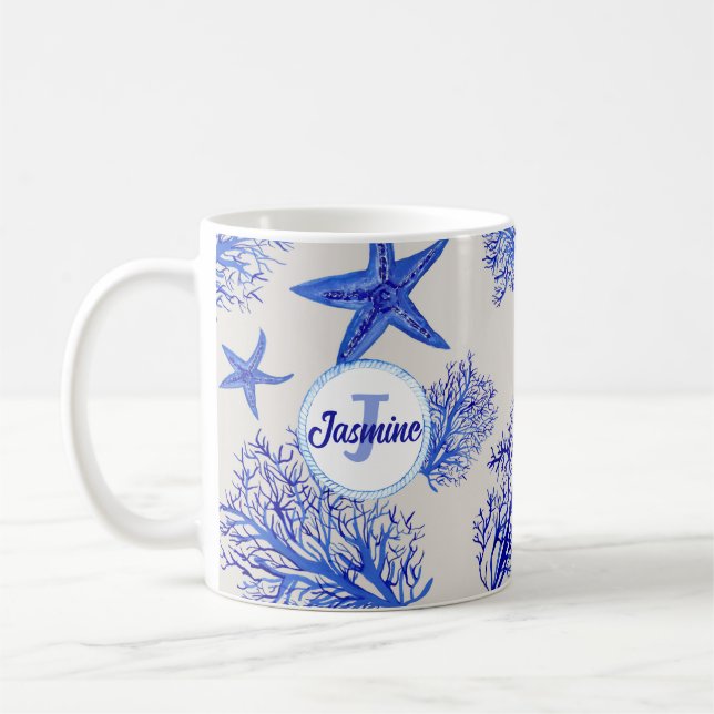 Blue starfish-coral-custom monogram-name coffee mug (Left)