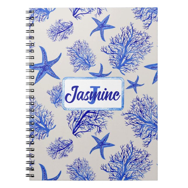 Blue starfish-coral-custom monogram-name   notebook (Front)