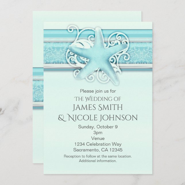 Blue Starfish Elegant Beach Themed Invitations (Front/Back)
