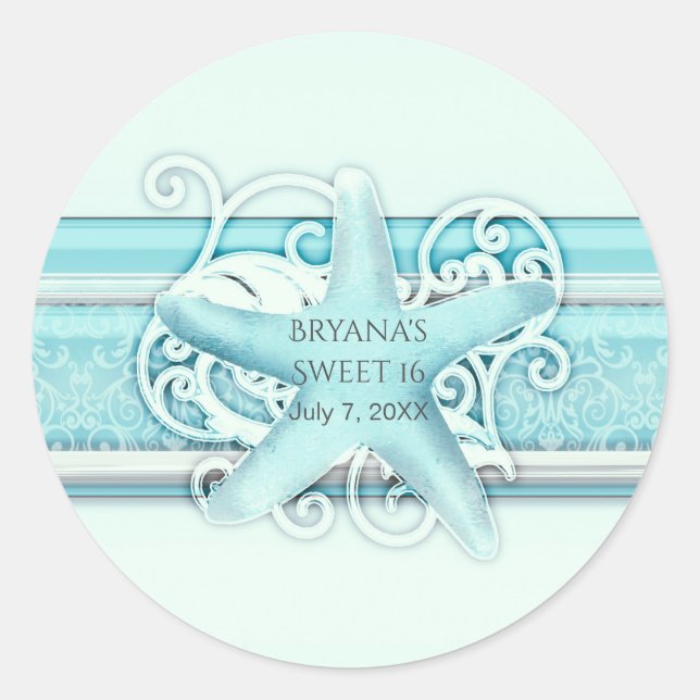 Blue Starfish Elegant Beach Wedding Favor Classic Round Sticker (Front)