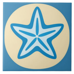 Blue Starfish in Yellow Circle Ceramic Tile
