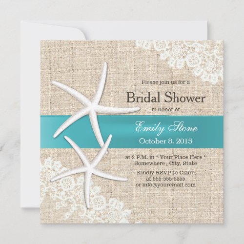Tiffany Blue Starfish Lace &amp; Burlap Bridal Shower Invites