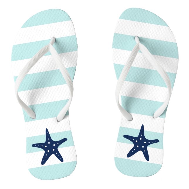 Blue Starfish on Mint Stripes Flip Flops (Footbed)