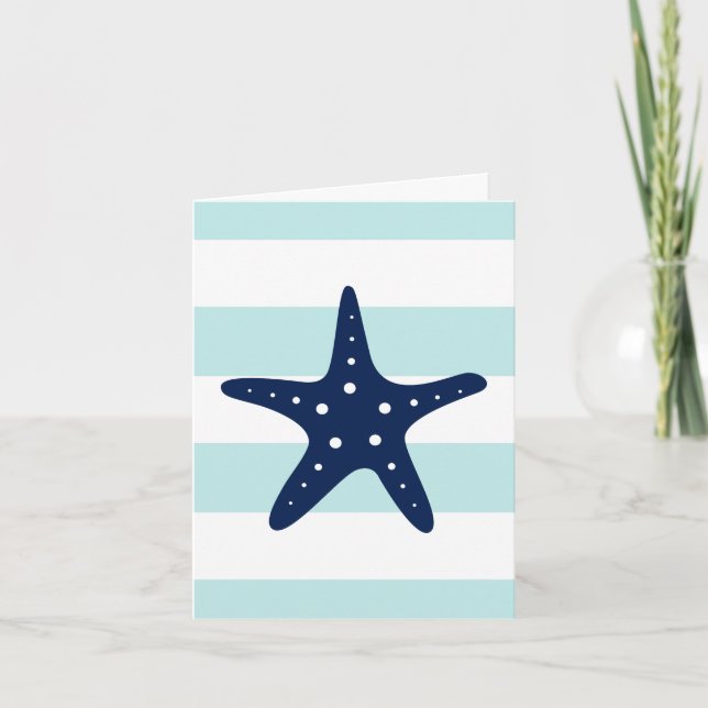 Blue Starfish on Mint Stripes Letterpress Thank You Card (Front)