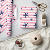 Blue Starfish on Pink Stripes Wrapping Paper