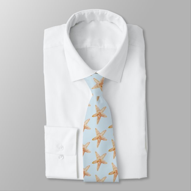 Blue Starfish Painting Coastal Beach Pattern Neck Tie (Tied)