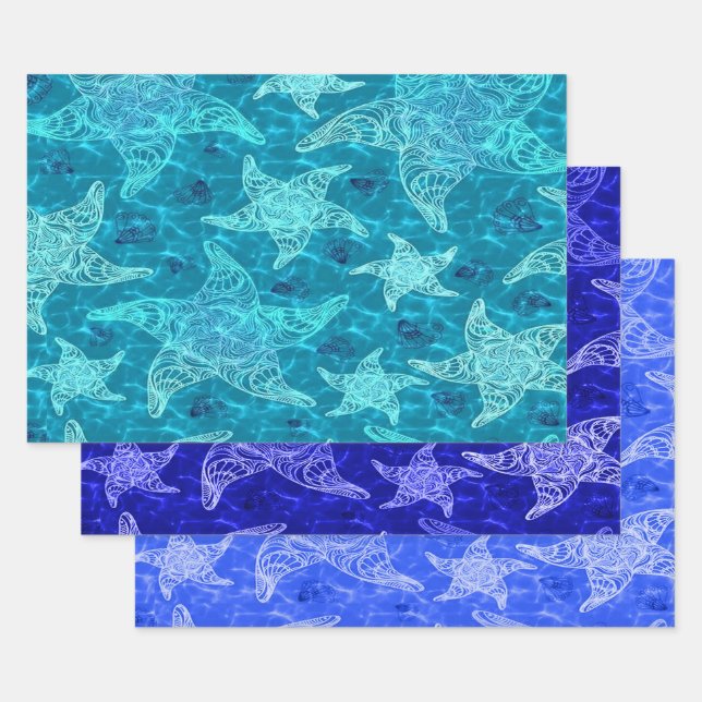 Blue Starfish Pattern Collection Wrapping Paper Sheets (Set)