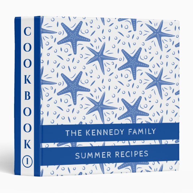 Blue Starfish Pattern Summer Recipes Cookbook 3 Ring Binder (Front/Spine)