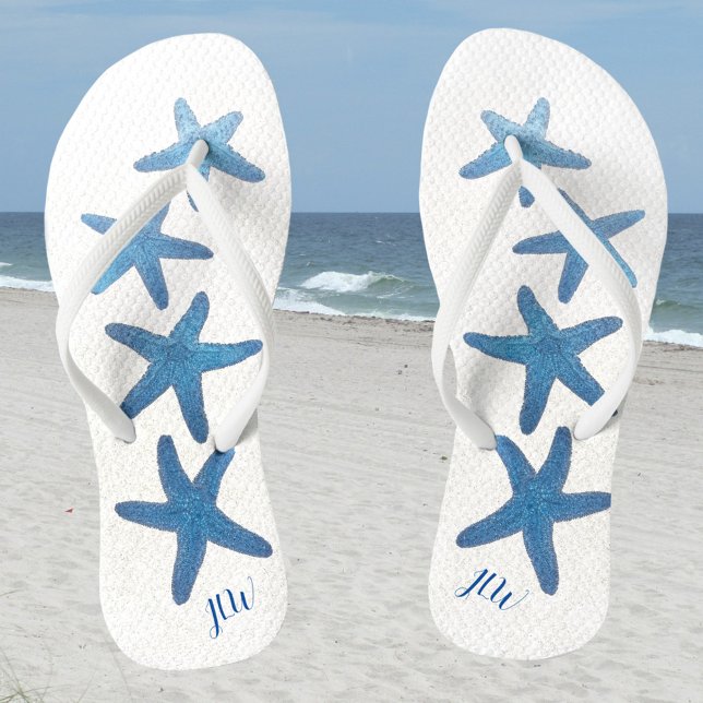 Blue Starfish Personalize with Initials Flip Flops (Creator Uploaded)