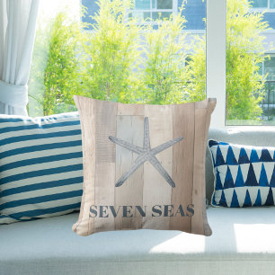 Blue starfish rustic beige driftwood text coastal throw pillow