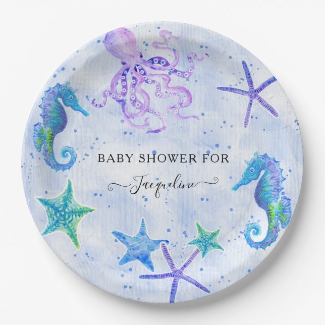 Blue Starfish Seahorse Octopus Beach Baby Shower Paper Plates (Front)