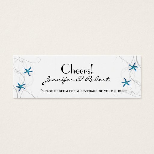 Customizable Blue Starfish Silver Coral Wedding Drink Tickets Business Cards