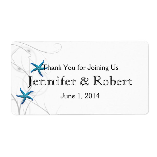 Blue Starfish Silver Wedding Water Bottle Label (Front)