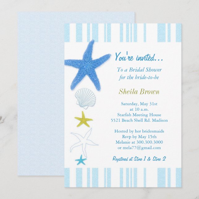 Blue Starfish & Stripes Bridal Shower Invitation (Front/Back)