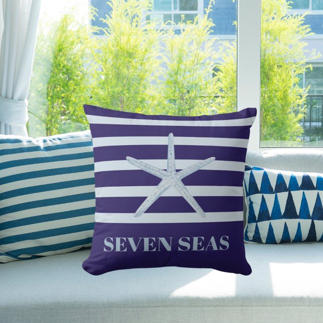 Blue starfish stripes text coastal outdoor pillow (Creator Uploaded)