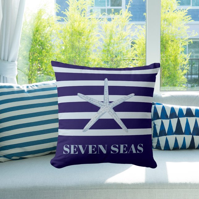 Blue starfish stripes text coastal throw pillow (Creator Uploaded)