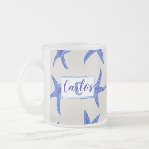 Blue starfish watercolor_custom monogram_name frosted glass coffee mug