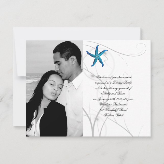 Blue Starfish with Silver Coral Wedding Engagement Invitation (Front)