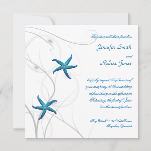 Blue Starfish with Silver Coral Wedding Invitation