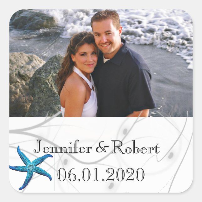 Blue Starfish with Silver Coral wedding Square Sticker (Front)