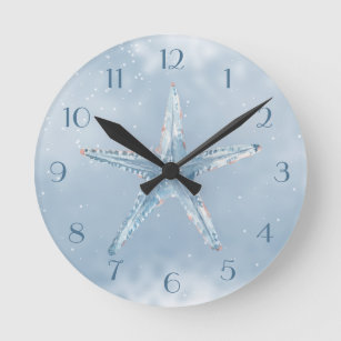 Blue Starfish With Stars Round Clock