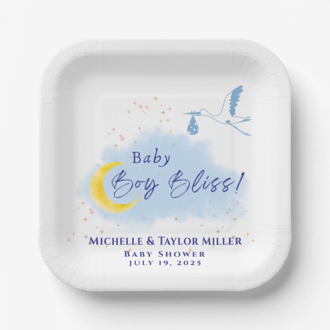 Blue Starlit Baby Boy Bliss Stork  Paper Plates (Front)
