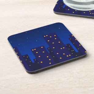 Blue Starry city at Night with Yellow Windows Art Beverage Coaster