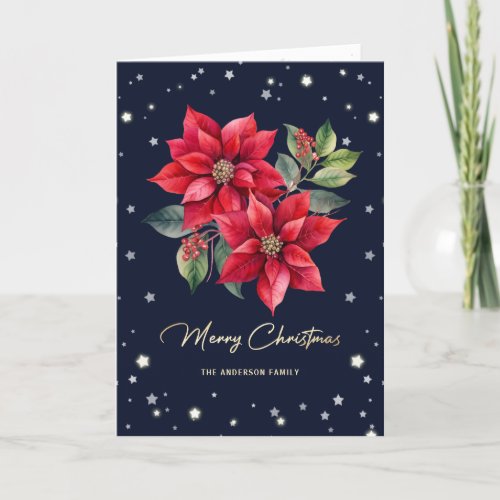 Blue Starry Floral Photo Merry Christmas Card
