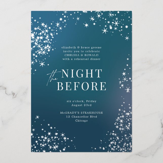 Blue Starry Night Before Wedding Rehearsal Dinner Foil Invitation (Front)