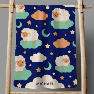 Blue Starry Night Cute Sheeps Over Clouds Name Baby Blanket