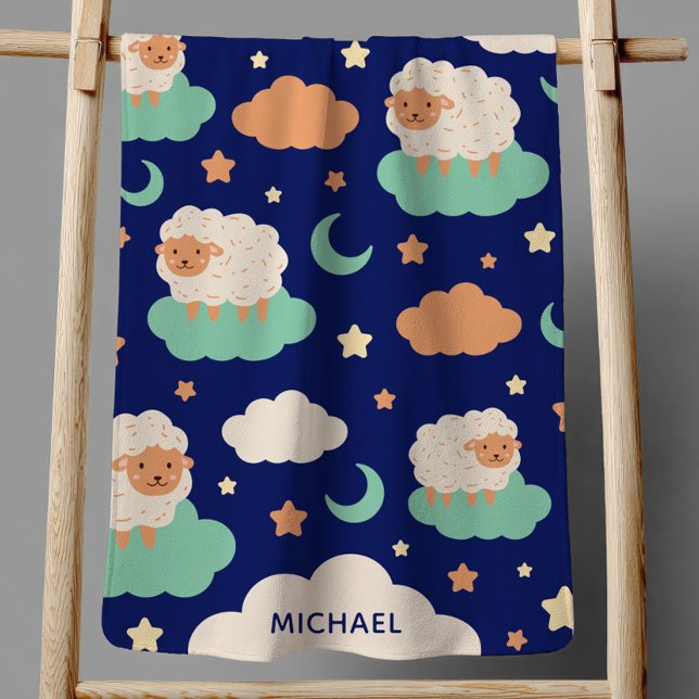 Blue Starry Night Cute Sheeps Over Clouds Name  Baby Blanket (Creator Uploaded)