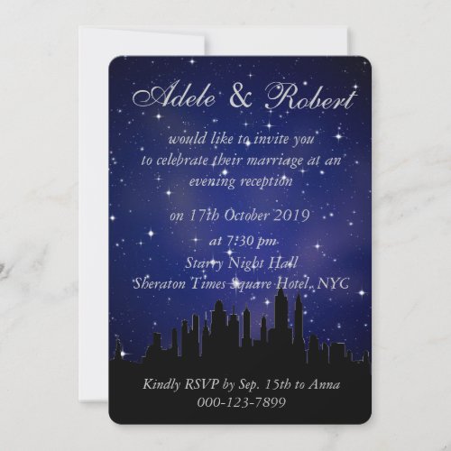 Blue Starry Night NYC Skyline Wedding Reception Invitation