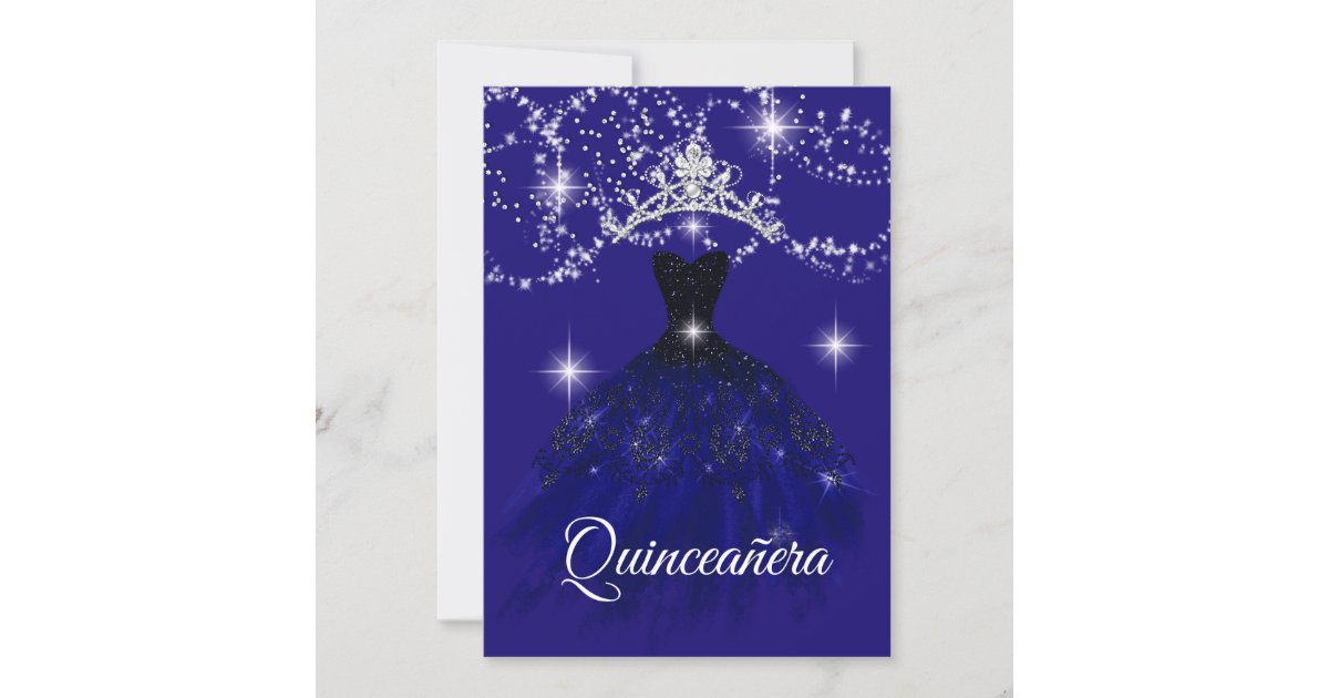 Blue starry night Sparkle Tiara Stars Quinceanera Invitation