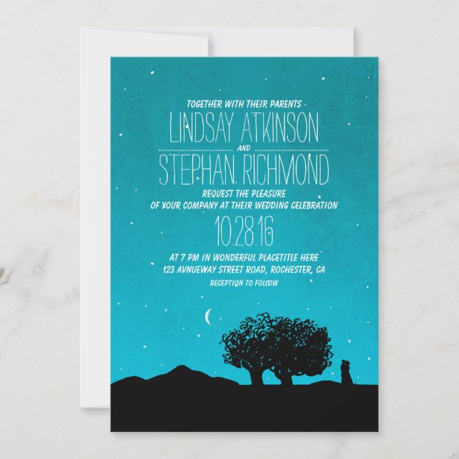 blue starry night trees and couple wedding invite (Front)