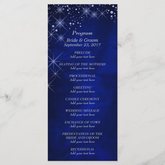 Blue Starry Night Wedding Program Rack Card (Front)