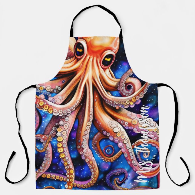 Blue Starry Night Whimsical Octopus | Custom Name Apron (Front)