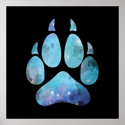 Blue Starry Night Wolf Paw   Poster