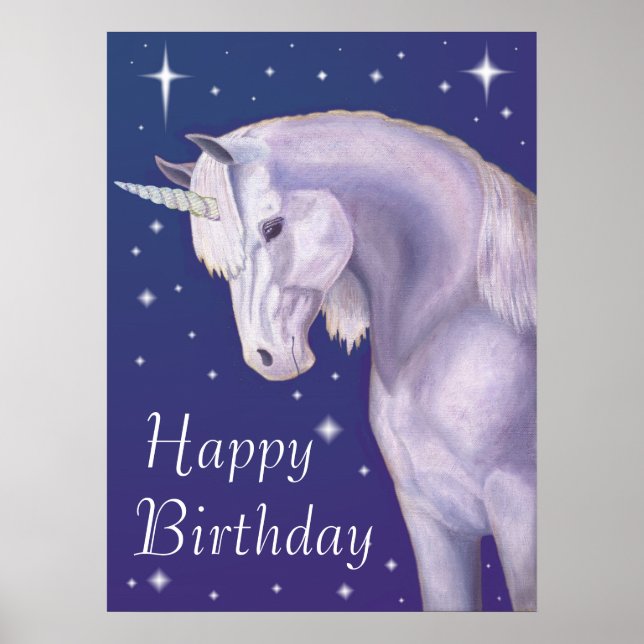 Blue Starry Unicorn Happy Birthday Poster (Front)
