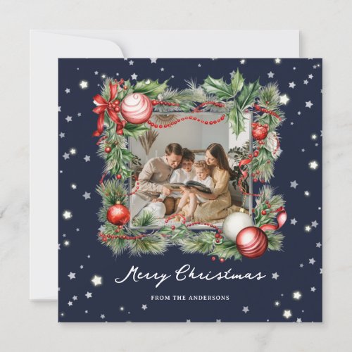 Blue Starry Wreath Photo Merry Christmas Card